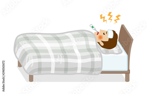 Man rest in bed who suffers fever of disease - Full length