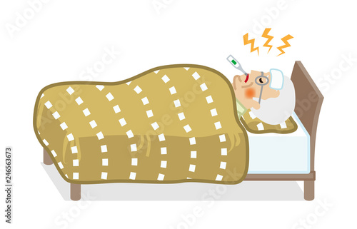 Senior man rest in bed who suffers fever of disease - Full length