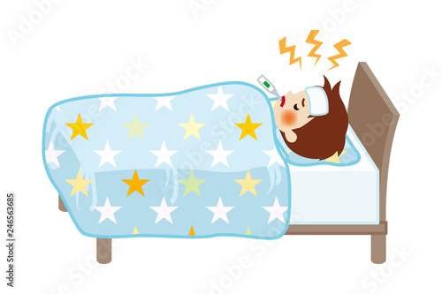 Little boy rest in bed who suffers fever of disease - Full length