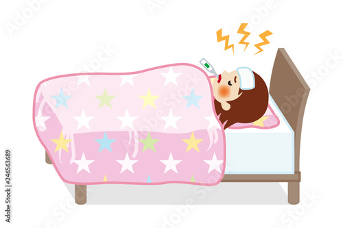 Little girl rest in bed who suffers fever of disease - Full length