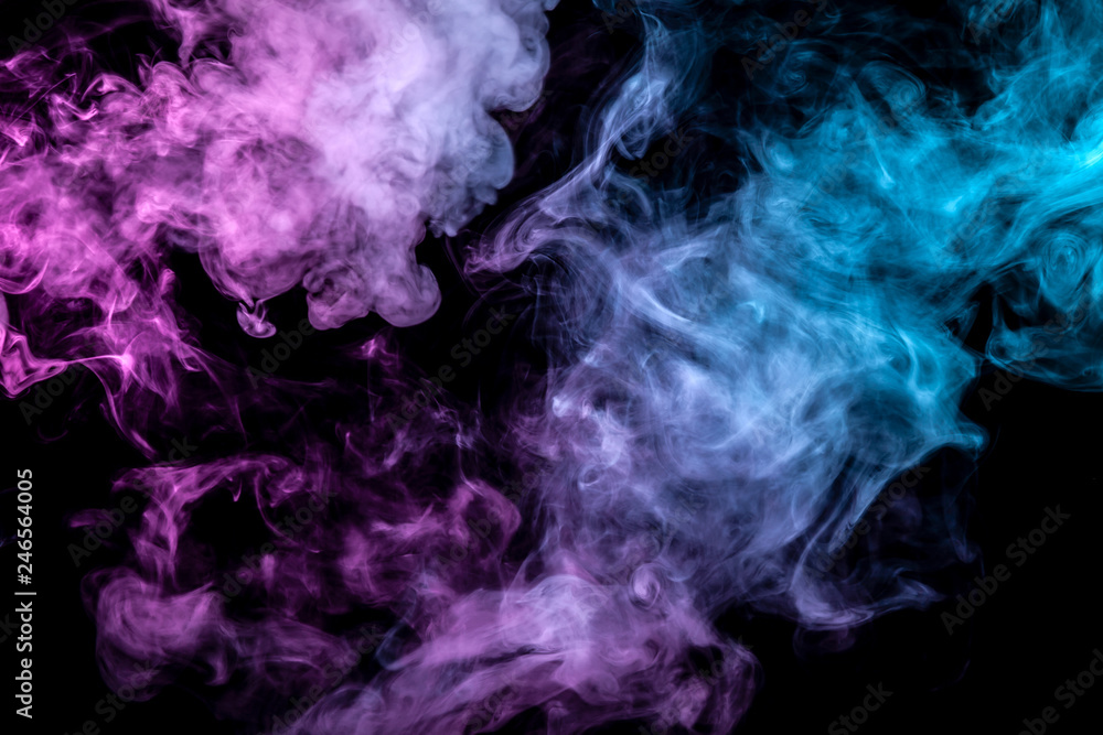 Translucent smoke rising to the top, illuminated by light on a dark background, multi-colored: blue, gray and pink, evaporating in waves exhaled from the vape. T-shirt print.