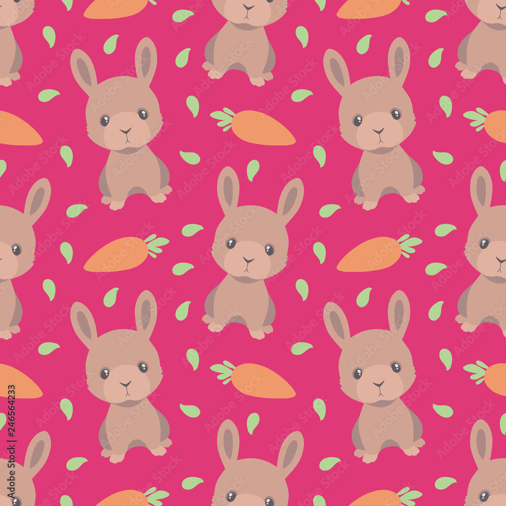 Cute cartoon seamless pattern with easter bunnies and carrots on bright pink background