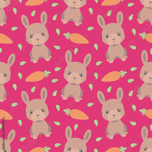 Cute cartoon seamless pattern with easter bunnies and carrots on bright pink background