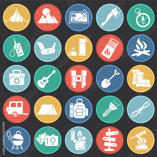 Camping icons set on color circles black background for graphic and web design, Modern simple vector sign. Internet concept. Trendy symbol for website design web button or mobile app