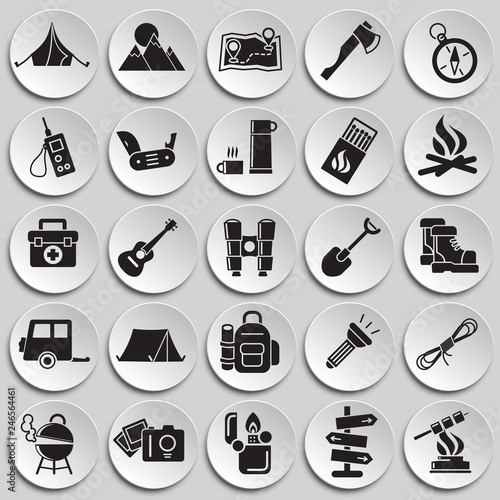 Camping icons set on plates background for graphic and web design, Modern simple vector sign. Internet concept. Trendy symbol for website design web button or mobile app