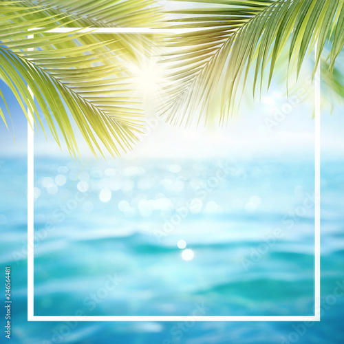 Abstract summer defocused background with frame  nature of tropical  rays of sun light. Beautiful sun glare sparkle on sea water and palm leaves  blue sky. Copy space  summer vacation concept.