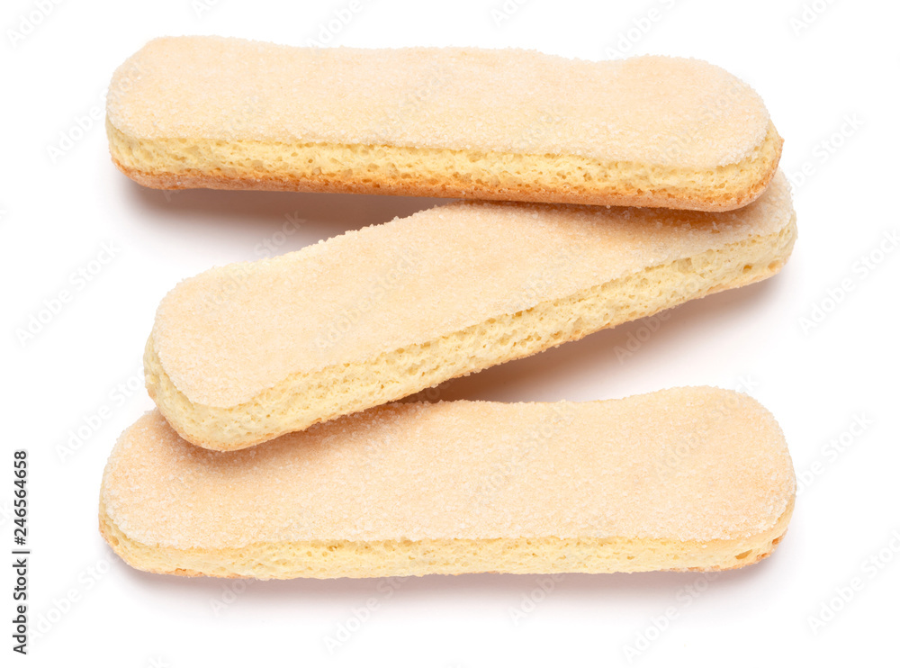 Traditional Italian Savoiardi ladyfingers Biscuits on White Background Traditional Italian Savoiardi ladyfingers Biscuits on White Background