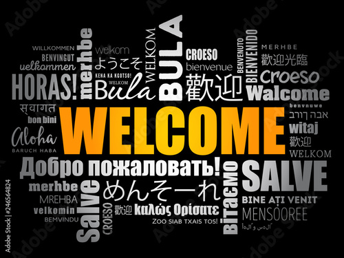 WELCOME word cloud in different languages, concept background