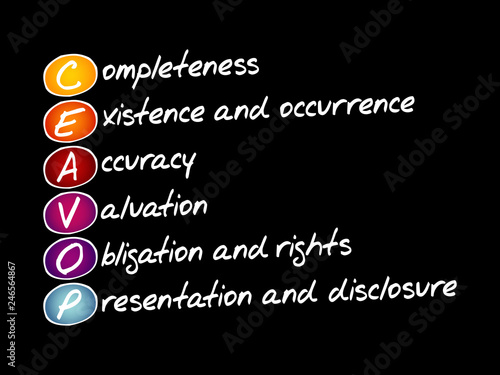 Assertions CEAVOP - completeness existence and occurrence accuracy valuation obligation and rights presentation and disclosure, acronym concept