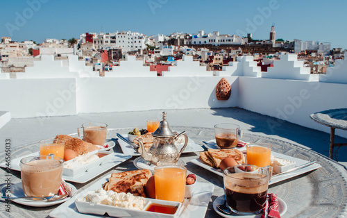 Typical moroccan breakfast on a terrace overlooking Tangier, Morocco.