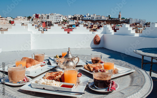 Typical moroccan breakfast on a terrace overlooking Tangier, Morocco.