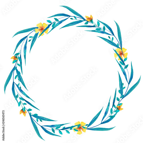 Watercolor blue and yellow wreath with flowers, leaves and branches. Hand drawn illustration.
