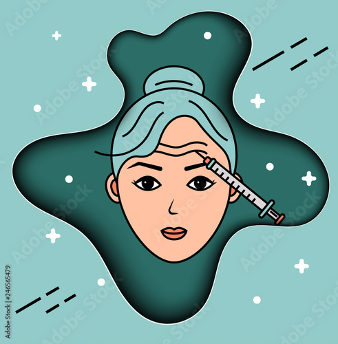 Cosmetic injections. Vector layer effect cut out of paper illustration. Mesotherapy, rejuvenation.