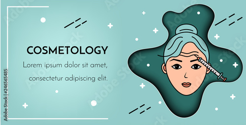Cosmetic injections. Vector layer effect cut out of paper illustration with place for text. Mesotherapy, rejuvenation.