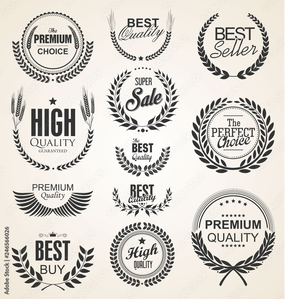 Fototapeta premium Retro vintage golden laurel wreaths sale collection vector