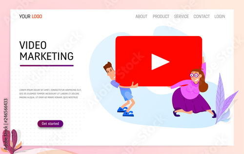 Video Marketing Landing Page Template Concept. Man and woman carry media player