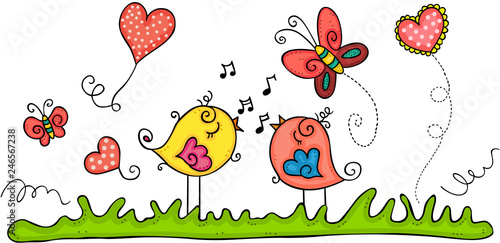 Spring illustration with birds singing
