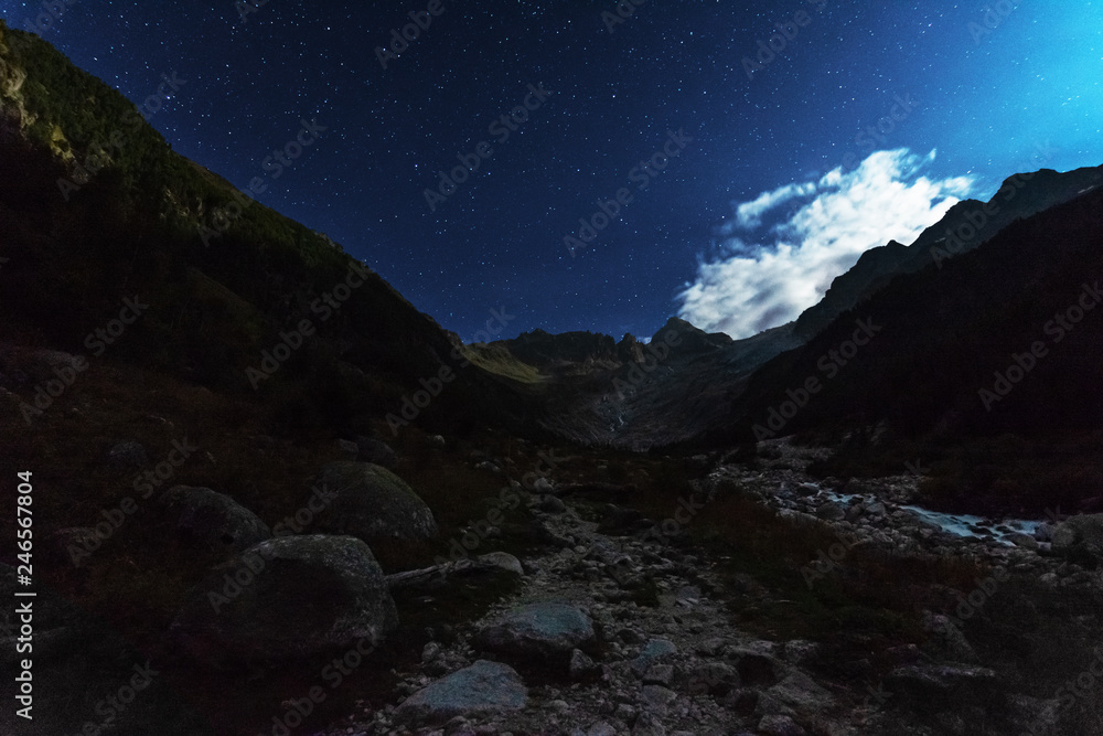 A night landscape with a starry sky in the Swiss Alps.