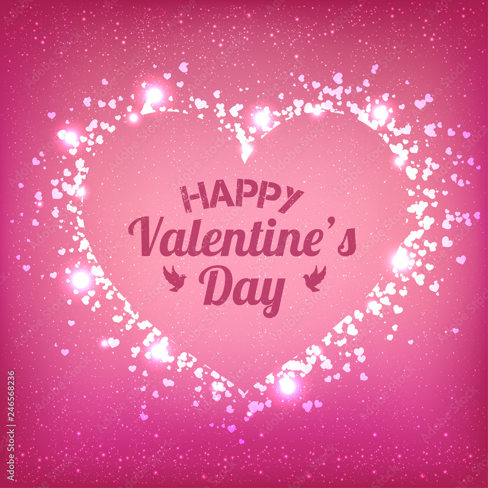 Valentines Day - vector greeting card with glitter hearts on shiny background