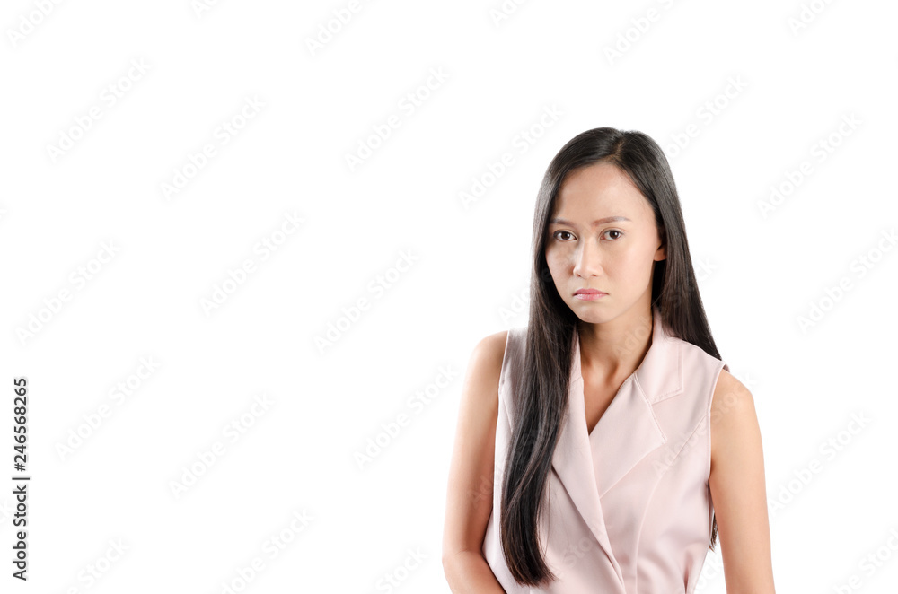 Portrait photo of asian woman with angry expression face isolated on white background. Portrait photo of asian woman with angry expression face isolated on white background.