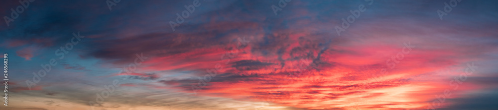 Sunrise Sky Cloudscape. Natural Bright Dramatic Sky In Sunset Dawn. Yellow, Blue And Orange Colors