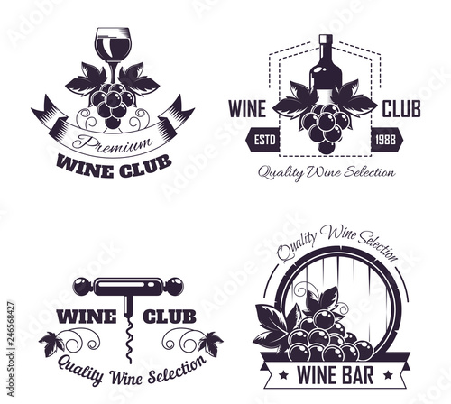 Wine club house logo templates or winemaking bar shop label set.