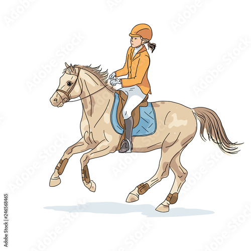 An illustration of a young girl cantering on a big pony. © irinamaksimova