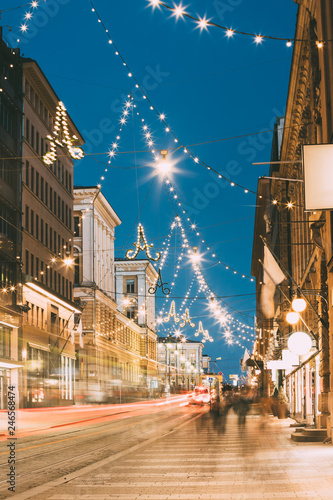 Helsinki, Finland. Night Evening Christmas Xmas New Year Festive Illumination On Aleksanterinkatu Street. Beautiful Street Decorations During Winter Holidays photo