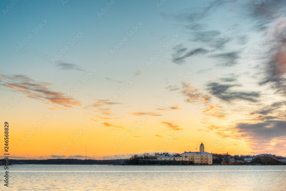 Helsinki, Finland. Panorama Panoramic View Of Suomenlinna Church In Fortress Of Suomenlinna Or Sveaborg And Partially Fortified Island Harakka On Sunrise Sunset Time