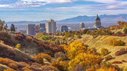 Fall colors on a hill overlooking Salt Lake City