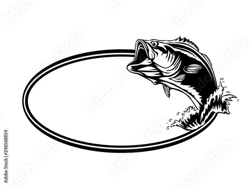 Fishing bass logo. Bass fish with rod club emblem. Fishing theme illustration. Fish Isolated on white.