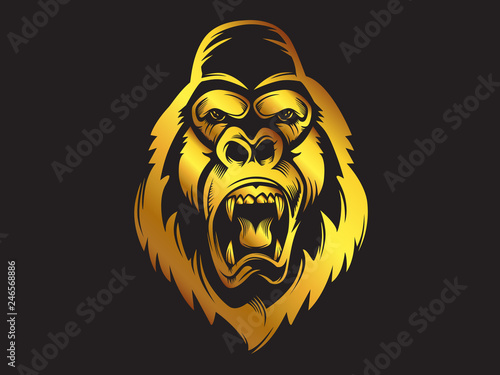 Gorilla mascot gold sport logo, emblem, illustration on a dark background