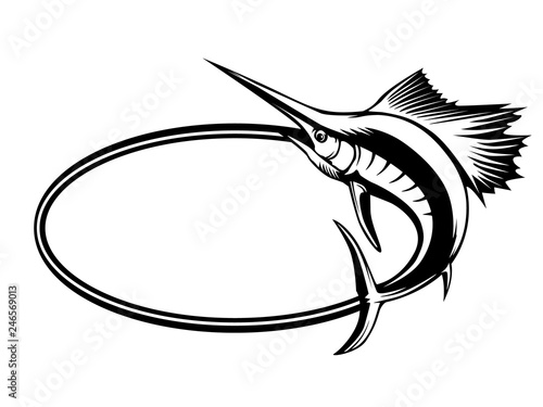 Marlin fish logo.Sword fish fishing emblem for sport club. Angry marlin fishing background theme vector illustration.