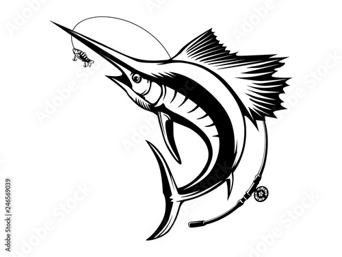 Marlin fish logo.Sword fish fishing emblem for sport club. Angry marlin fishing background theme vector illustration.