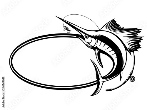Marlin fish logo.Sword fish fishing emblem for sport club. Angry marlin fishing background theme vector illustration.