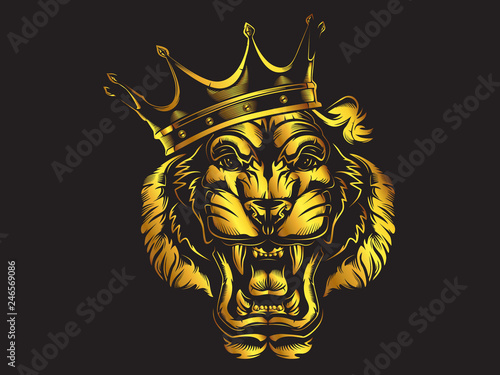 Tiger angry face gold tattoo. Vector illustration of big cat head. Tiger angry logo. Safari animal.