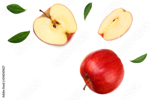red apples with slices isolated on white background. top view
