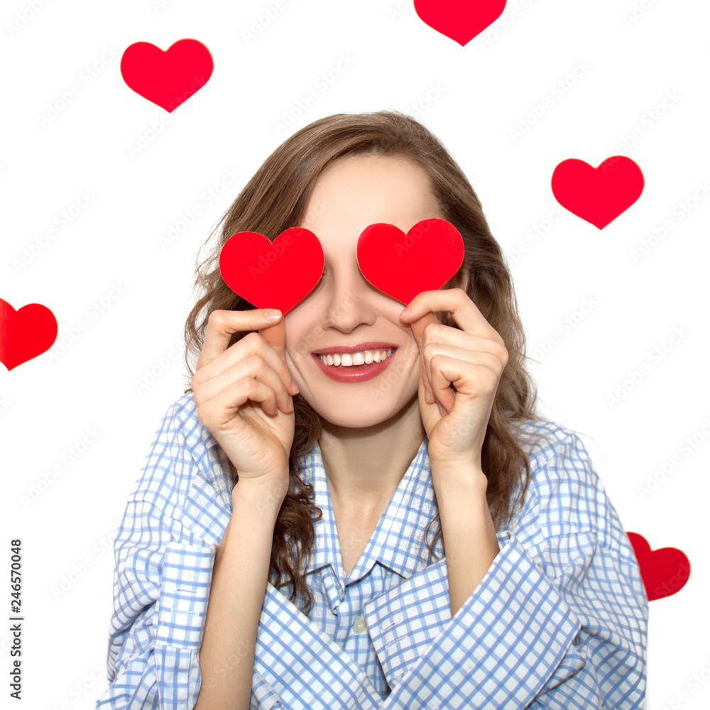 Brunette girl with red hearts isolated on white Brunette girl with red hearts isolated on white