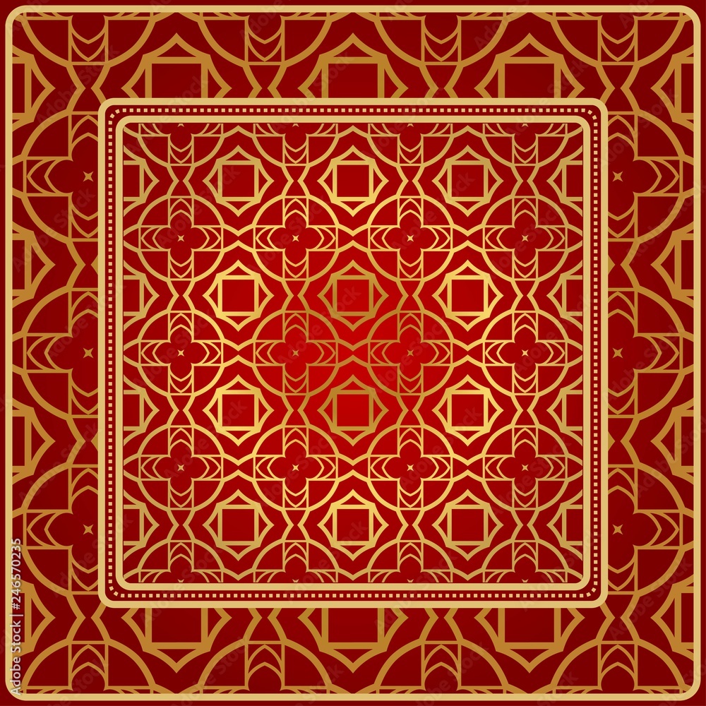 Background, Geometric Pattern With Ornate Lace Frame. Illustration. For Scarf Print, Fabric, Covers, Scrapbooking, Bandana, Pareo, Shawl. Red golden color Background, Geometric Pattern With Ornate Lace Frame. Illustration. For Scarf Print, Fabric, Covers, Scrapbooking, Bandana, Pareo, Shawl. Red golden color