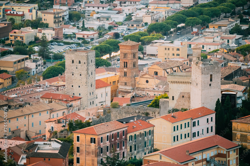 Terracina, Italy. Cityscape With Tower Of Cathedral Of San Cesareo 