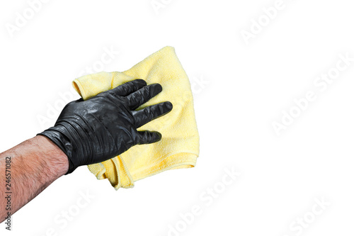 Washing concept. A male man hand with cloth isolated on white background. Worker cleaning. Cleaning with cloth, foam and brush. Cleaning concept. Hand in black protective rubber glove