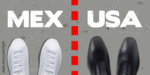 Concept de la frontière entre le Mexique et les États-Unis avec deux paires de chaussures de part et d’autre d’un pointillé, représentant d’un côté un migrant mexicain et de l’autre un opposant améric
