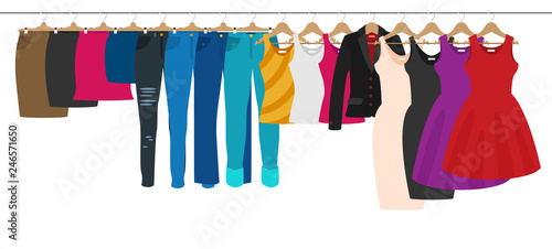 Flat vector racks with clothes on hangers. Girl Shopping.