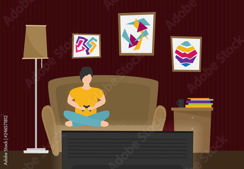 Man playing video game flat vector