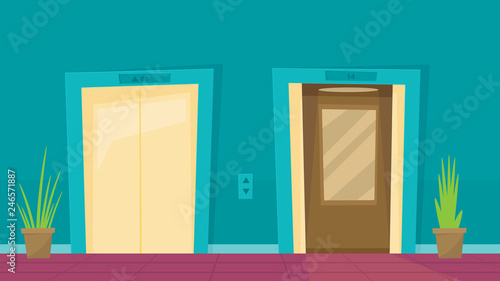 Indoor and outdoor elevators in the building. flat vector illustration