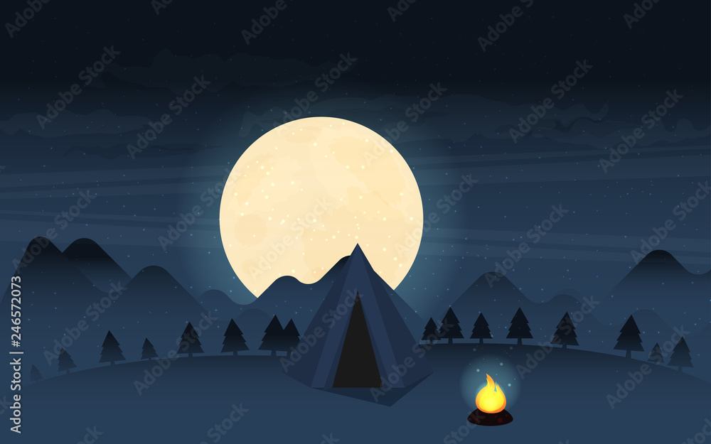 Camping in Forest at Night. Flat design Style.