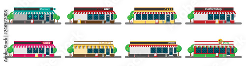 Set of vector flat design restaurants and shops facade