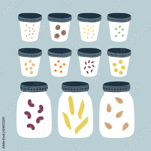 Zero waste pantry. Kitchen jars. Vector illustration