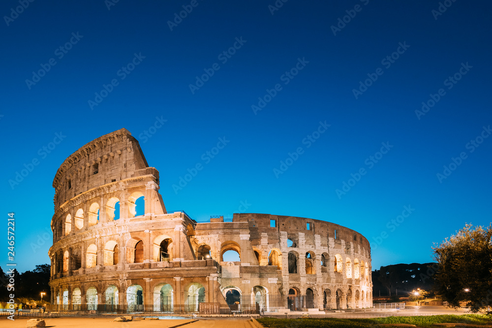 Rome, Italy. Colosseum - Flavian Amphitheatre In Evening Or Night Time.