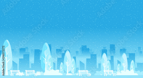 City park with town buildings on a background. Vector illustration.